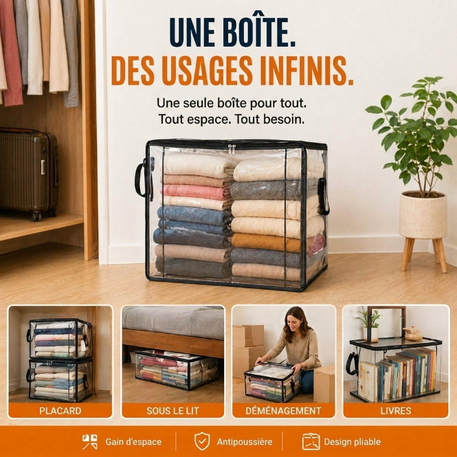 📦Sac de Stockage Transparent Extra-Robuste avec Fermeture – Parfait pour Vêtements, Couettes et Rangement🔴
